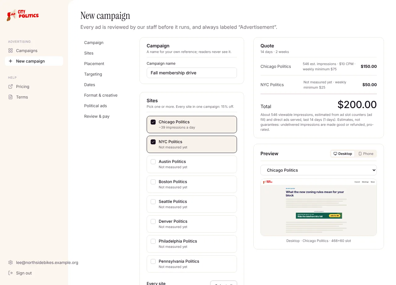 The campaign builder: sites, placement, targeting, dates, format, a live preview and the quote.