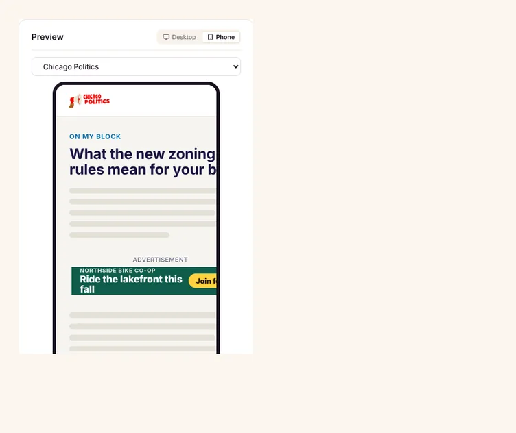 The live preview: the ad in a mock of the real slot, on desktop and phone.